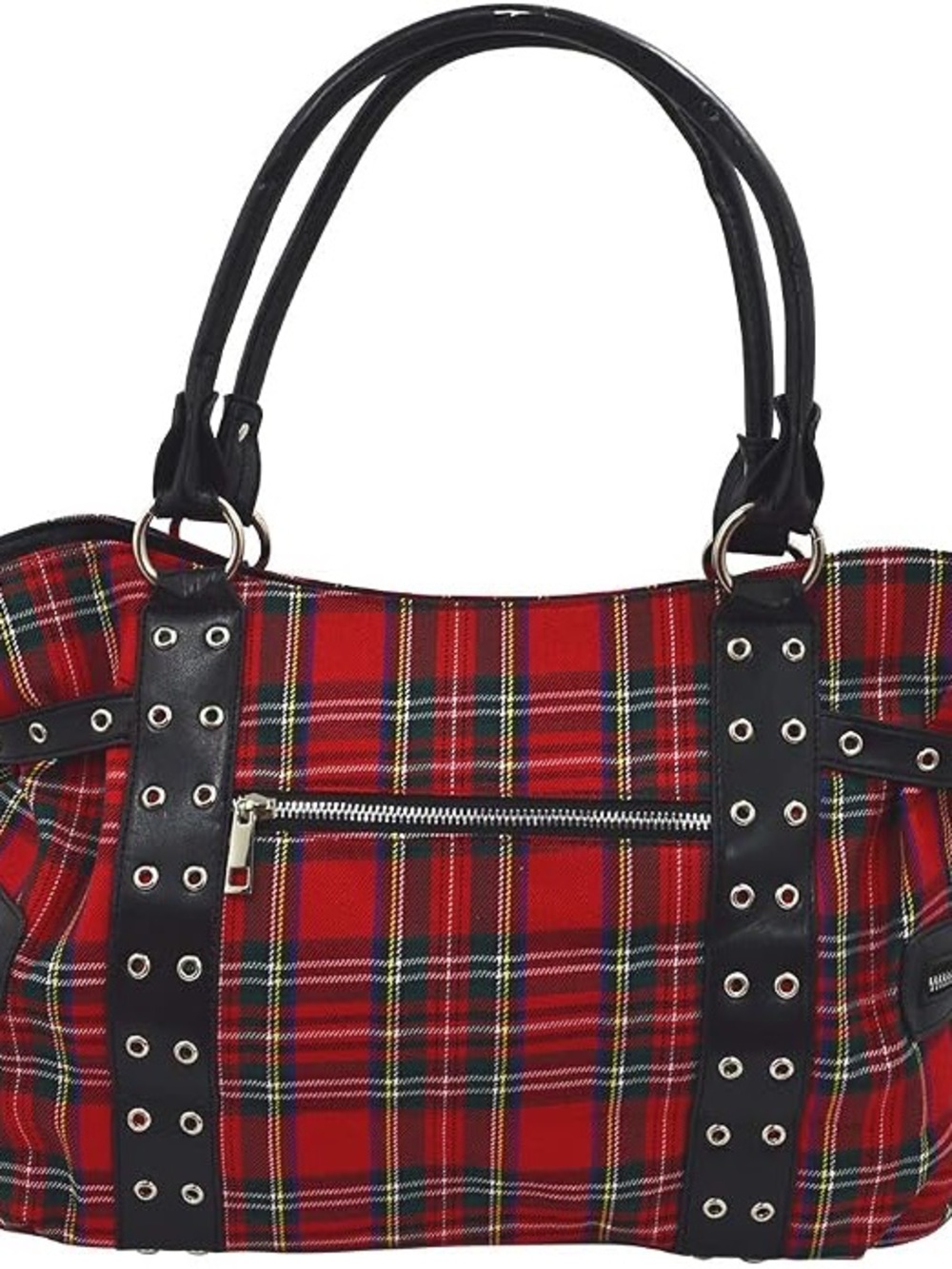 Red Plaid Tote Bag with Black Trim and Stud Details - Picture 3 of 5